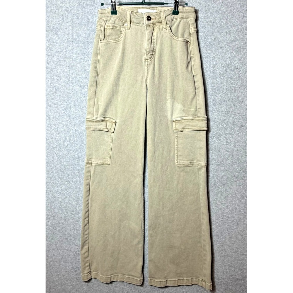 Risen Jeans High Waisted Wide Leg Cargo Pocket Jeans in Khaki